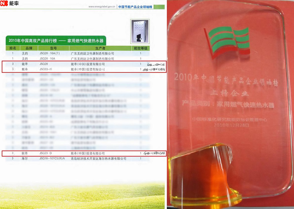 “能率”荣登“2010年中国高效节能产品企业榜”